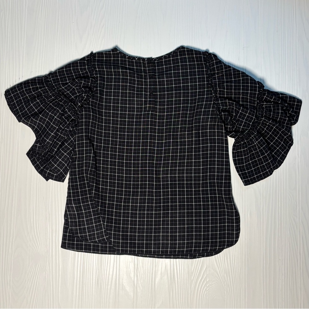 LOFT Women’s Black and White Checkered Top Tiered Bell Sleeves Size Small - Picture 5 of 5